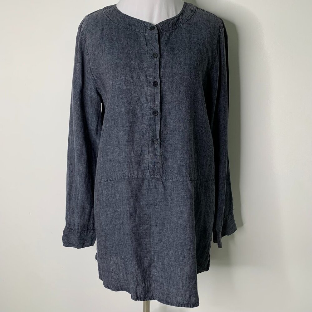 Eileen Fisher Women's Blue 100% Lienen Long Sleeve Button Down Tunic Shirt XS